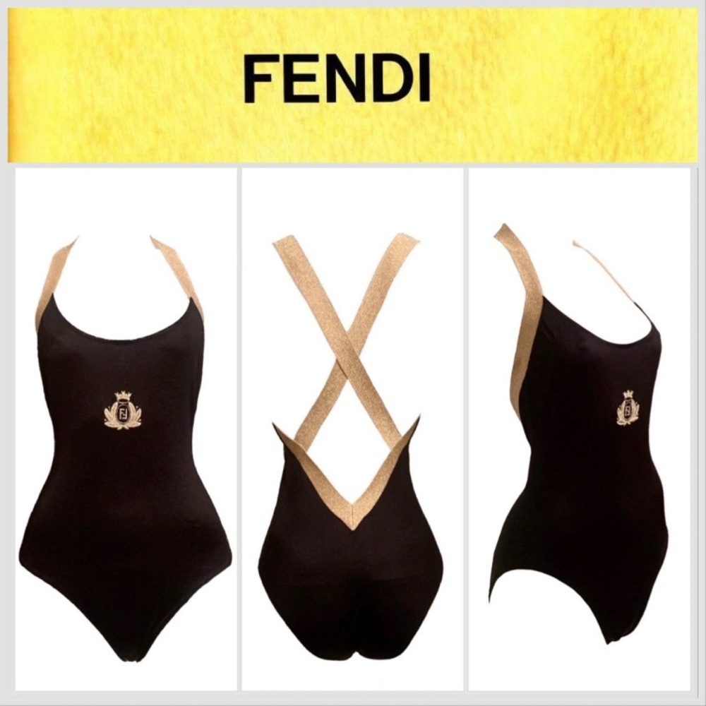 FENDI By KARL LAGERFELD 1990s Black Bodysuit Swimsuit Size 12 VINTAGE W/TAGS